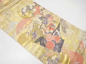 色紙に鴛鴦・草花模様織り出し袋帯